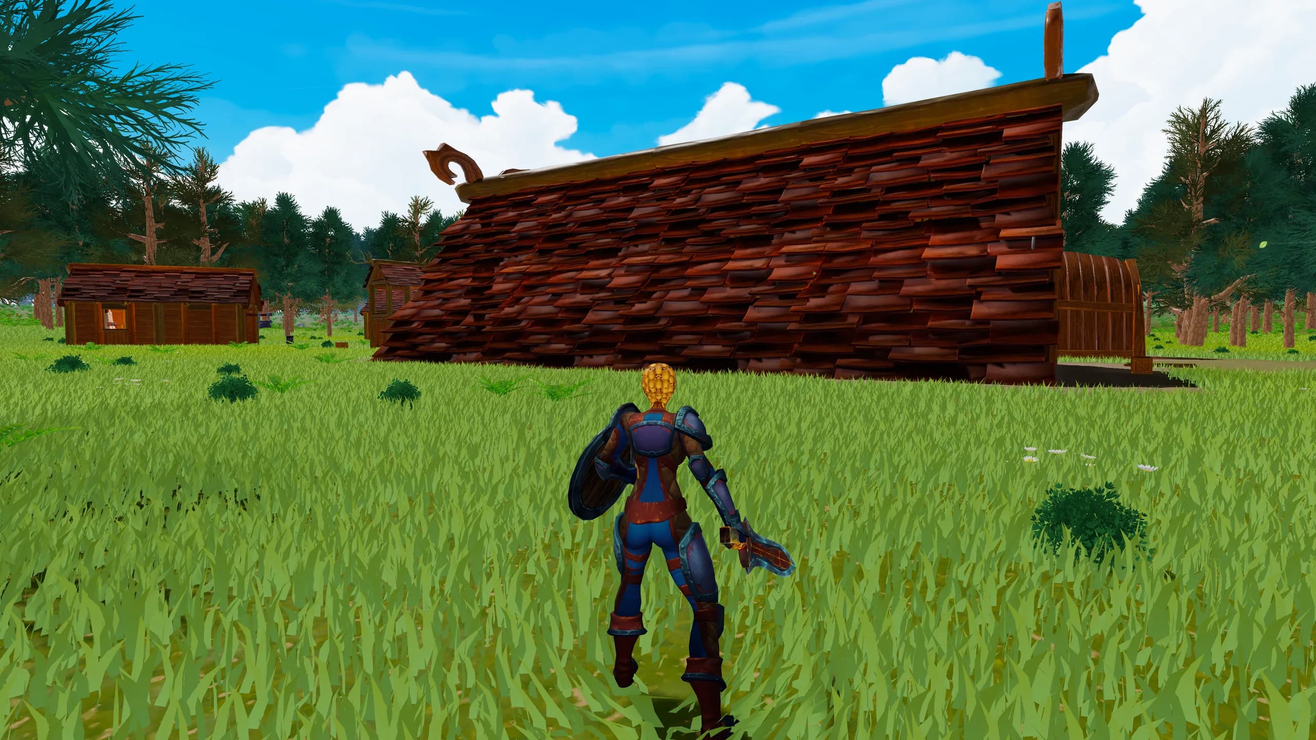 Un draconide accanto a una casa lunga a Grey Fells, a Midgard
